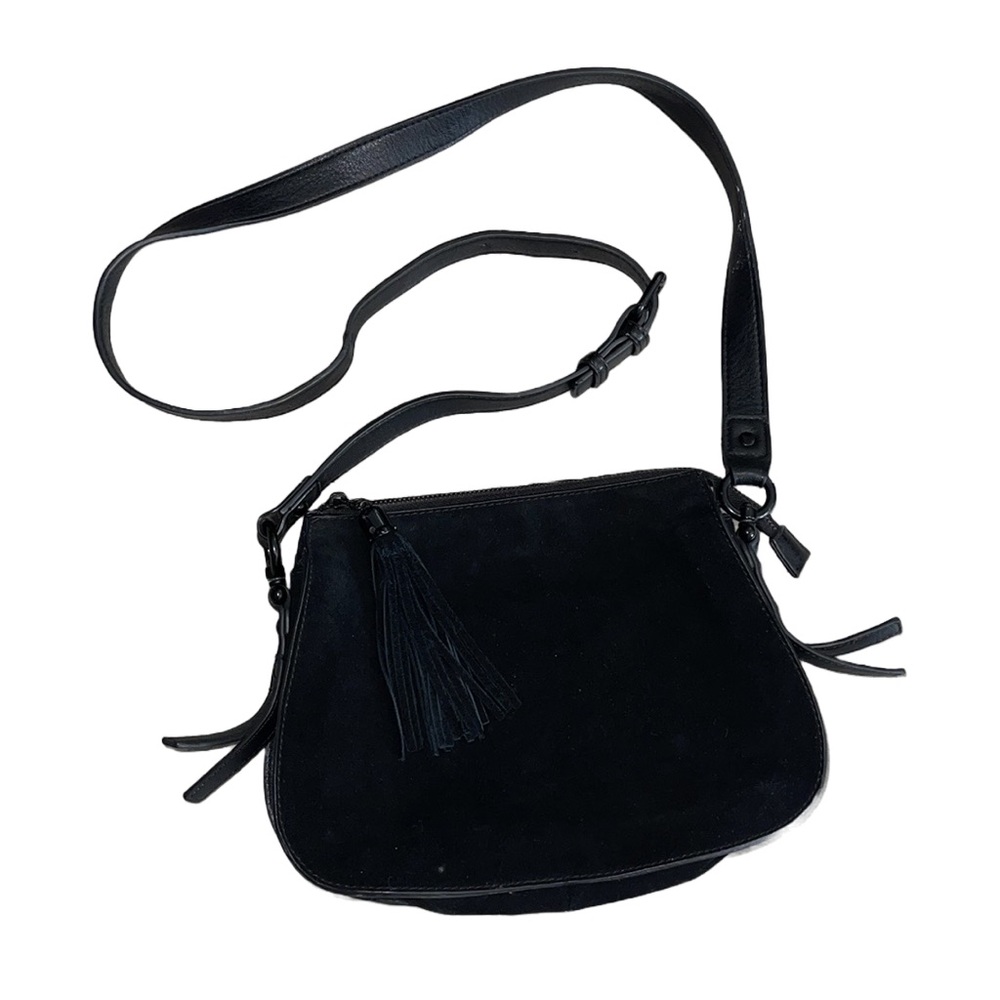 La Diva Suede Leather Black Long Strap Zippered Crossbody Bag Flap Tasseled